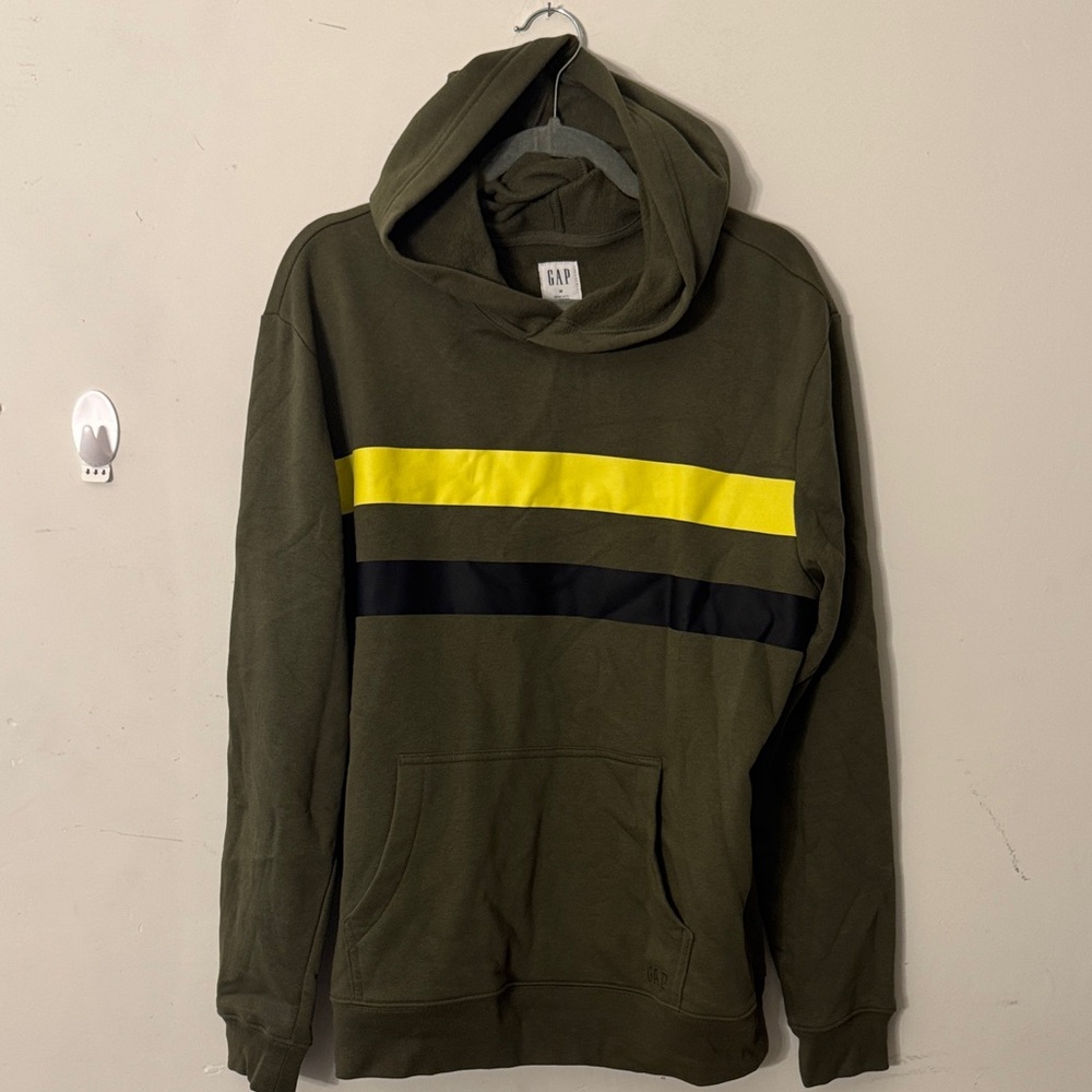 GAP Olive Green Hoodie with Yellow & Black Chest Stripes